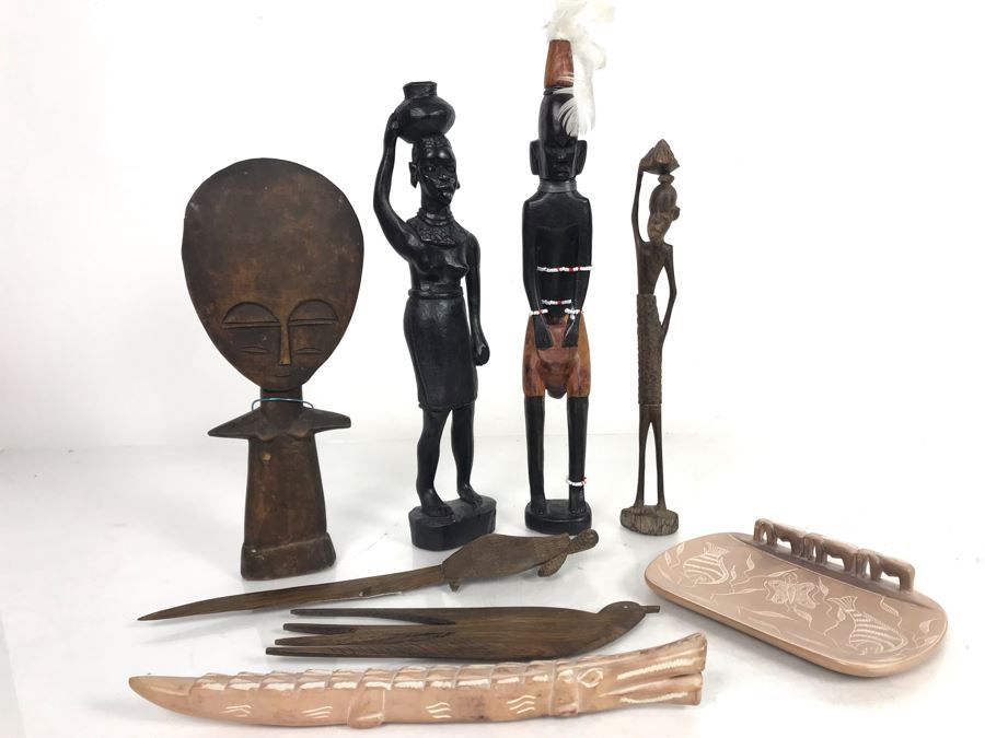 Collection Of African Wooden And Stone Sculptures Including African Fertility Figure Doll [Photo 1]