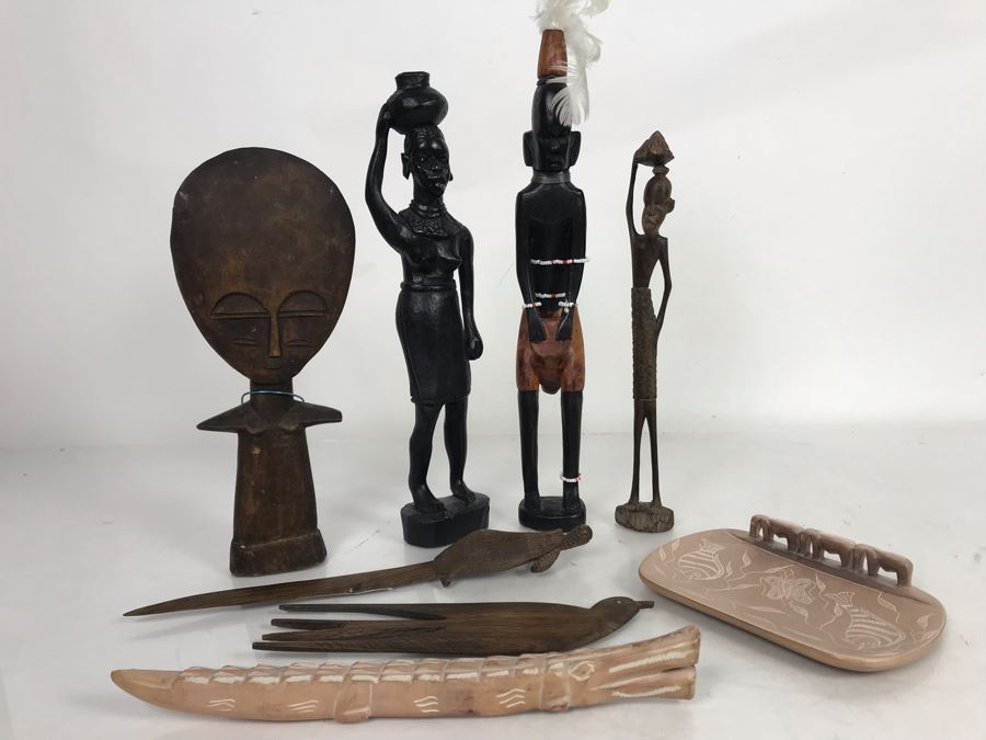 Collection Of African Wooden And Stone Sculptures Including African Fertility Figure Doll [Photo 2]