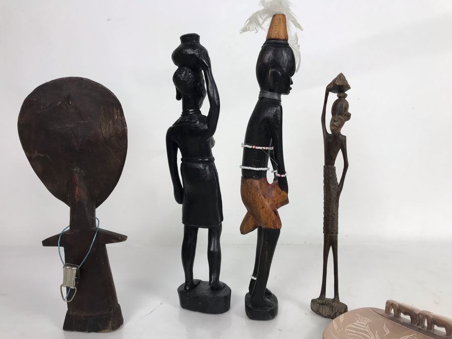 Collection Of African Wooden And Stone Sculptures Including African Fertility Figure Doll [Photo 24]