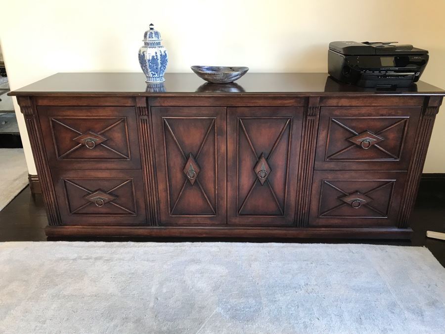 Custom Wooden Office Credenza With Four File Drawers And Center Cabinet Doors (Sold Empty) 68W X 20D X 34H (Retails $3,800) [Photo 3]