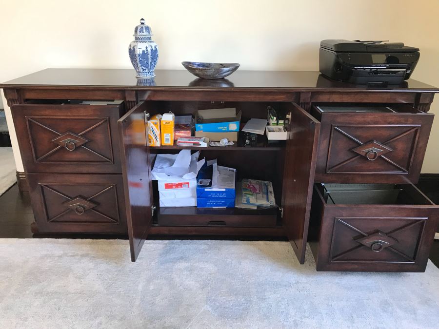 Custom Wooden Office Credenza With Four File Drawers And Center Cabinet Doors (Sold Empty) 68W X 20D X 34H (Retails $3,800) [Photo 8]