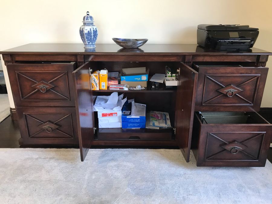 Custom Wooden Office Credenza With Four File Drawers And Center Cabinet Doors (Sold Empty) 68W X 20D X 34H (Retails $3,800) [Photo 9]