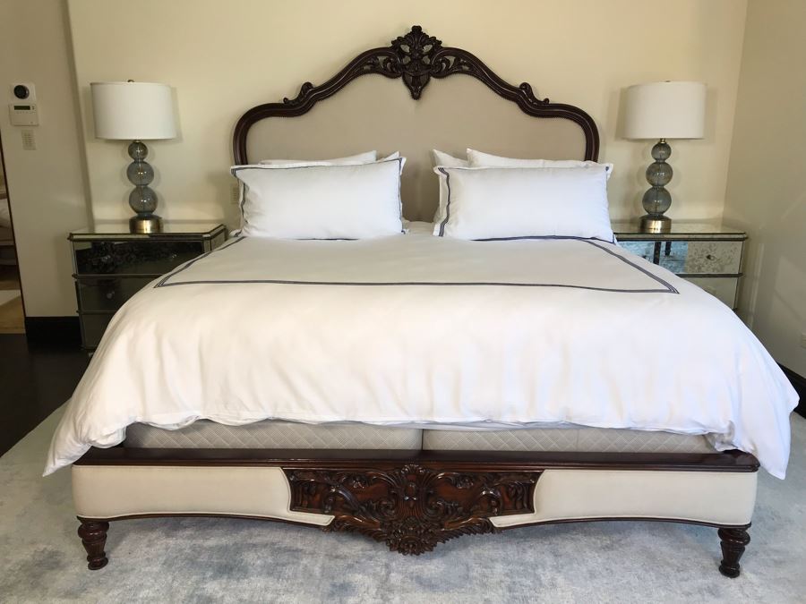 Stunning Marchand Upholstered Mahogany Carved Bed From Frontgate (Sold Out) - Does Not Include Mattress Or Boxspring (Retails $6,000) [Photo 2]