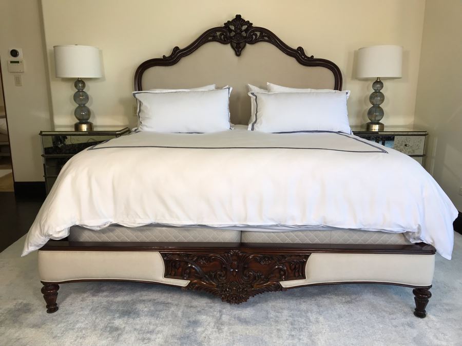 Stunning Marchand Upholstered Mahogany Carved Bed From Frontgate (Sold Out) - Does Not Include Mattress Or Boxspring (Retails $6,000) [Photo 3]