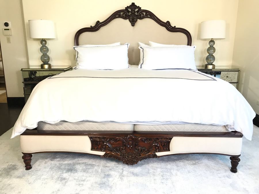 Stunning Marchand Upholstered Mahogany Carved Bed From Frontgate (Sold Out) - Does Not Include Mattress Or Boxspring (Retails $6,000) [Photo 1]