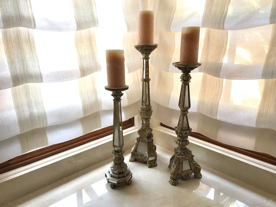 Set Of Three Mirrored Candle Holders 25H, 22H, 18H