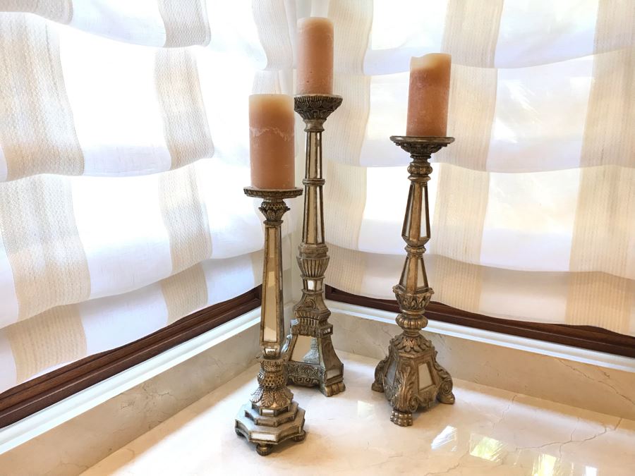 Set Of Three Mirrored Candle Holders 25H, 22H, 18H