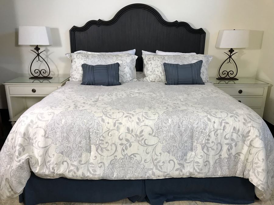 Wooden King Size Headboard From Hooker Furniture With Metal Bed Frame And Bedding (Does Not Include Mattress Or Boxspring) Retails $1,390 [Photo 2]