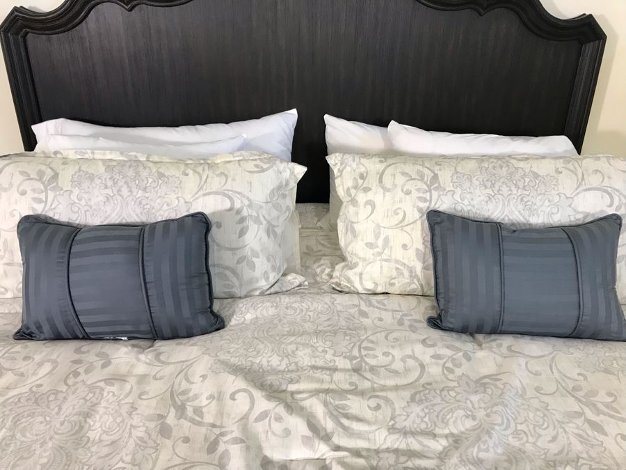 Wooden King Size Headboard From Hooker Furniture With Metal Bed Frame And Bedding (Does Not Include Mattress Or Boxspring) Retails $1,390 [Photo 7]