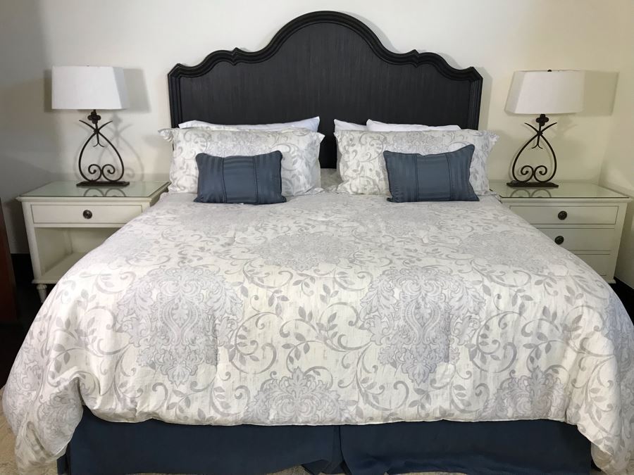 Wooden King Size Headboard From Hooker Furniture With Metal Bed Frame And Bedding (Does Not Include Mattress Or Boxspring) Retails $1,390 [Photo 3]