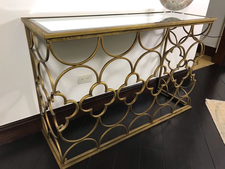 Gold Tone Metal Console Table With Mirrored Top - Collapsible 49W X 16.5D X 30.5H [Photo 6]