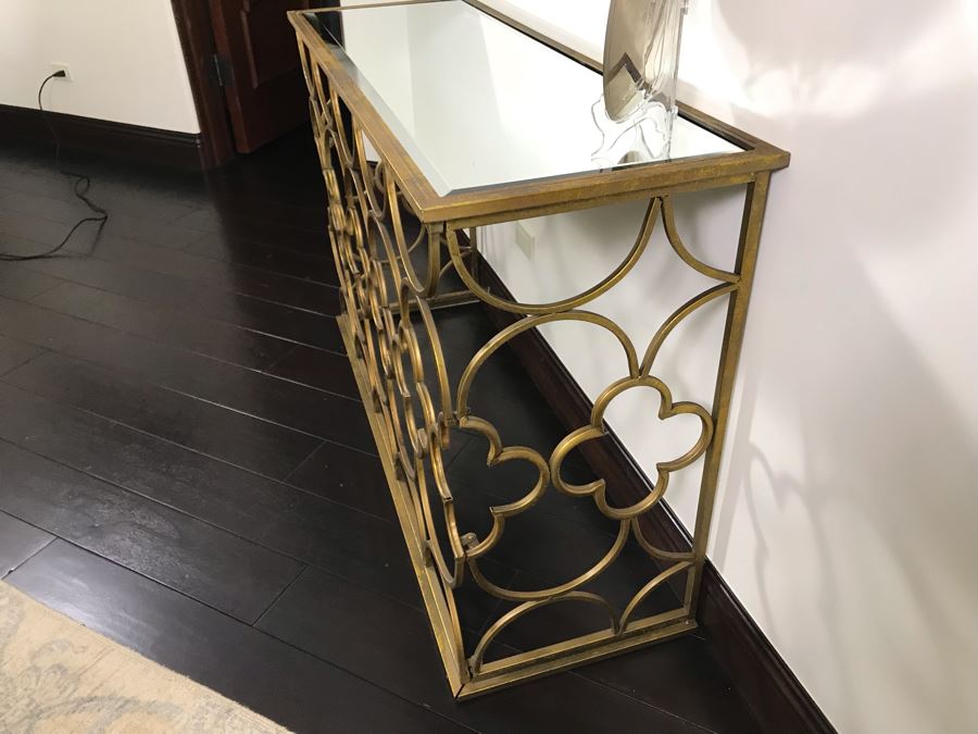 Gold Tone Metal Console Table With Mirrored Top - Collapsible 49W X 16.5D X 30.5H [Photo 7]