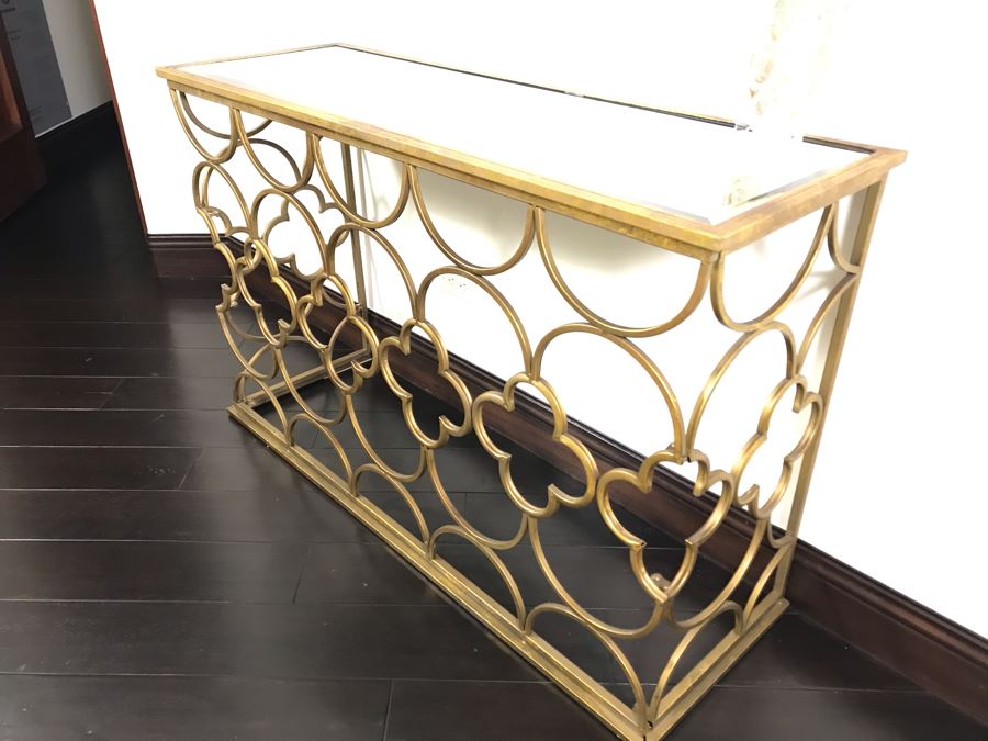 Gold Tone Metal Console Table With Mirrored Top - Collapsible 49W X 16.5D X 30.5H [Photo 9]