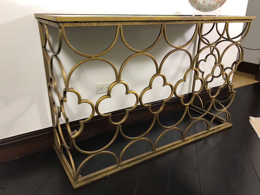 Gold Tone Metal Console Table With Mirrored Top - Collapsible 49W X 16.5D X 30.5H [Photo 5]