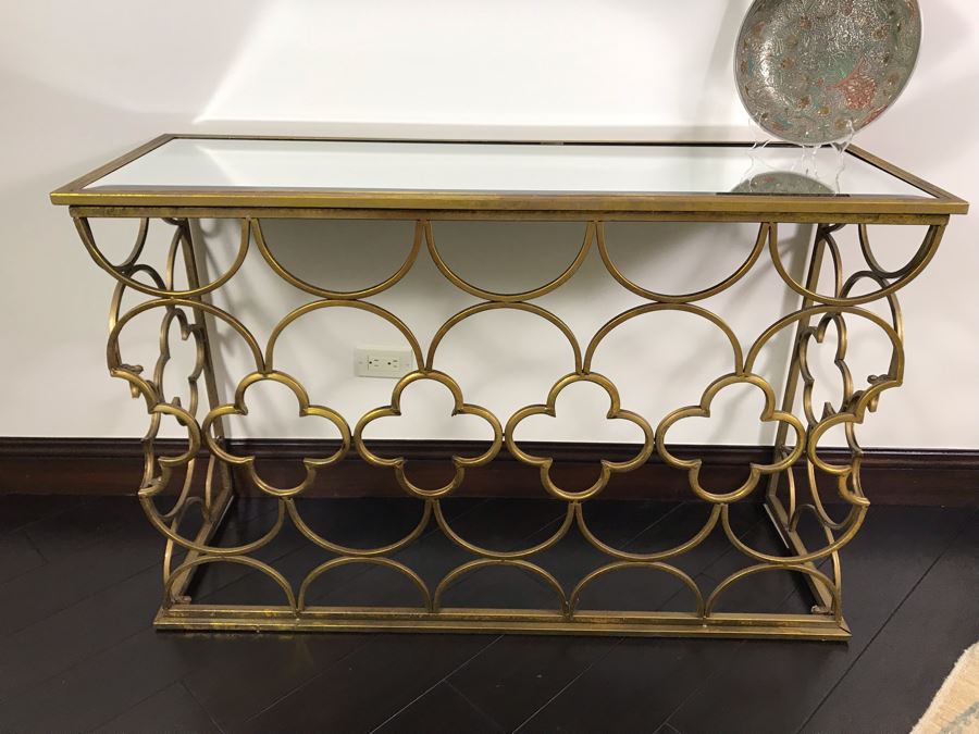 Gold Tone Metal Console Table With Mirrored Top - Collapsible 49W X 16.5D X 30.5H [Photo 4]