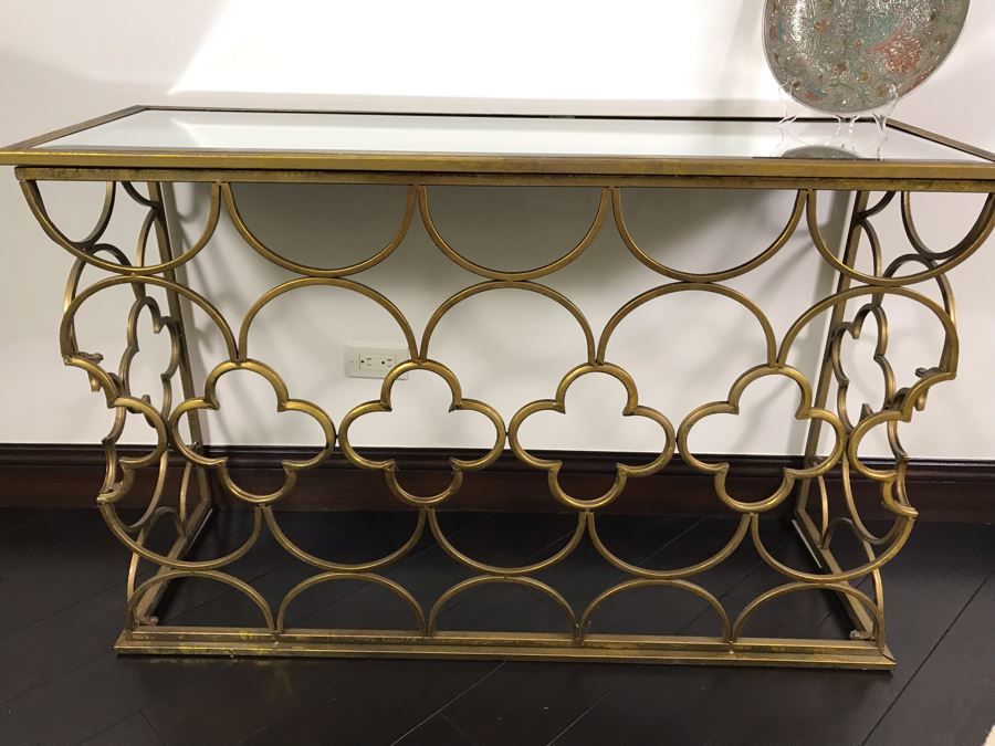 Gold Tone Metal Console Table With Mirrored Top - Collapsible 49W X 16.5D X 30.5H [Photo 2]