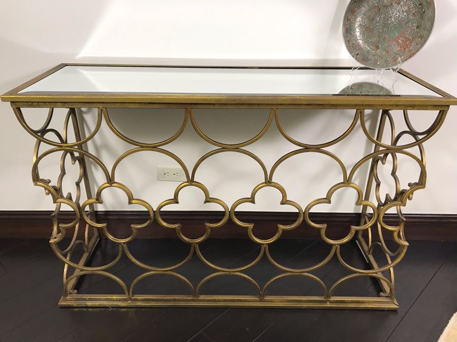 Gold Tone Metal Console Table With Mirrored Top - Collapsible 49W X 16.5D X 30.5H [Photo 3]