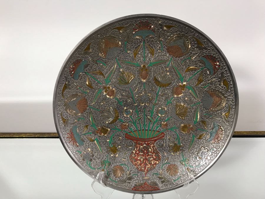 Vintage Etched Brass Indian Plate With Stand 11.5R [Photo 3]