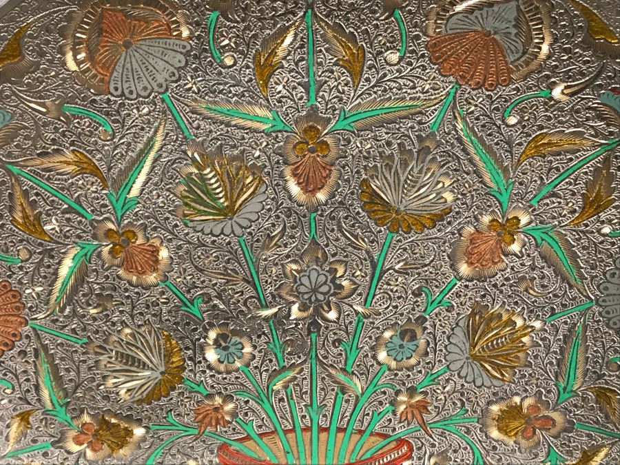 Vintage Etched Brass Indian Plate With Stand 11.5R [Photo 5]