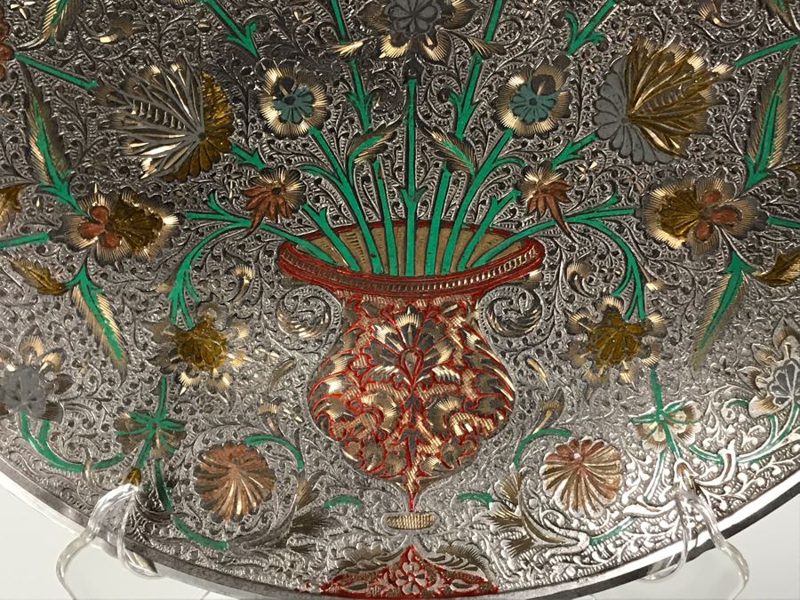 Vintage Etched Brass Indian Plate With Stand 11.5R [Photo 4]