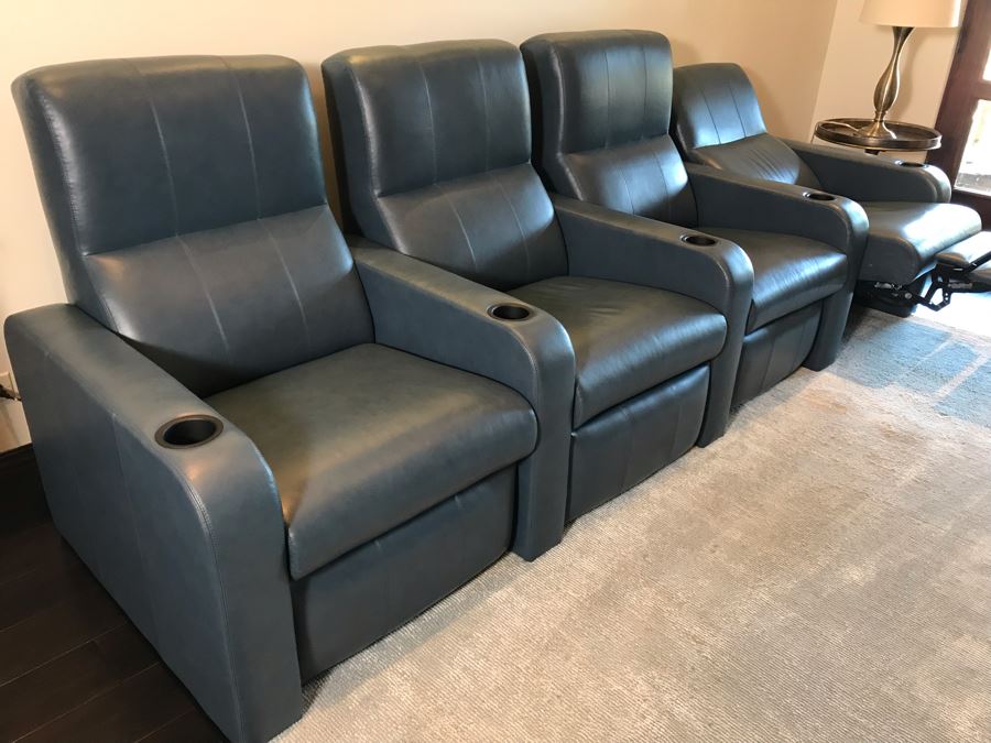 (4) Blue Leather Reclining Movie Theater Seats 124W X 36D X 42H (Retails $15,000 - Only 1 Year Old) [Photo 4]