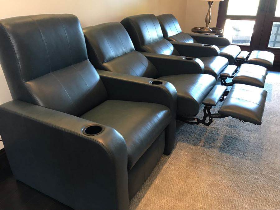 (4) Blue Leather Reclining Movie Theater Seats 124W X 36D ...