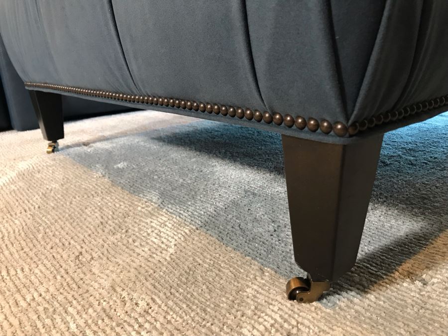 Custom Blue Upholstered Tufted Ottoman With Brass Nailhead Trim From Le Dimora 63W X 36D X 17H (Retails $3,500) [Photo 5]