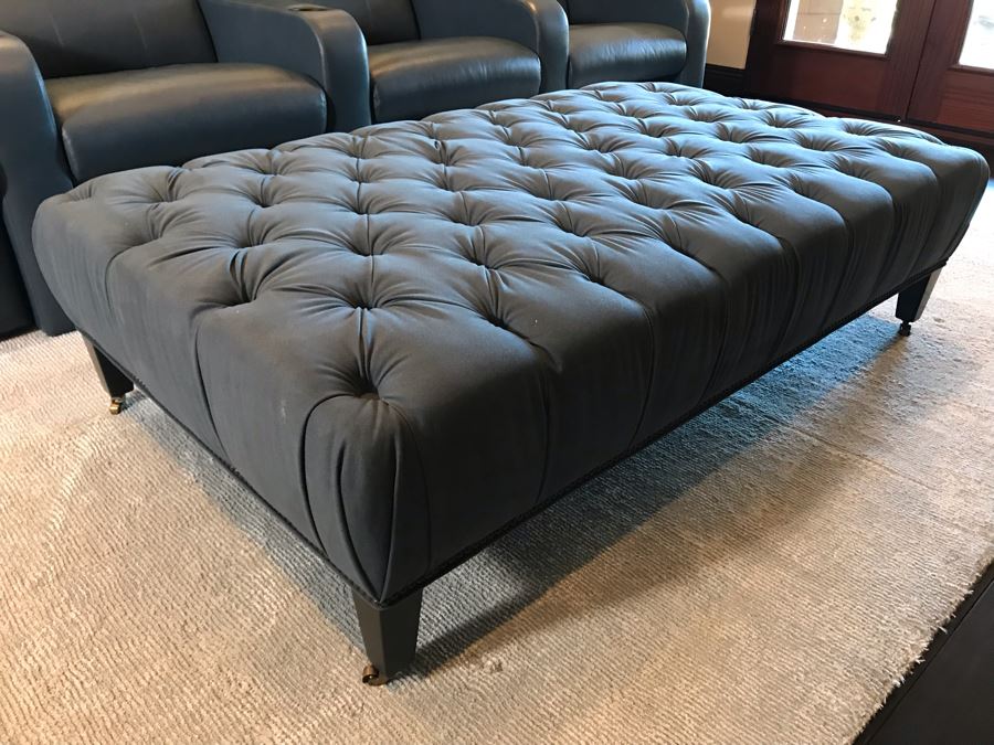 Custom Blue Upholstered Tufted Ottoman With Brass Nailhead Trim From Le Dimora 63W X 36D X 17H (Retails $3,500)
