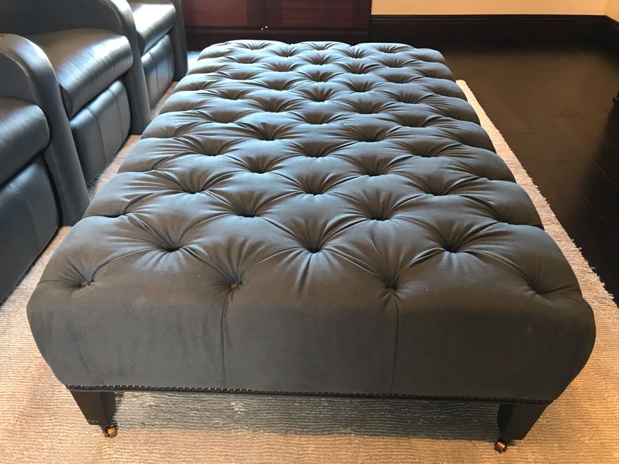 Custom Blue Upholstered Tufted Ottoman With Brass Nailhead Trim From Le Dimora 63W X 36D X 17H (Retails $3,500) [Photo 3]