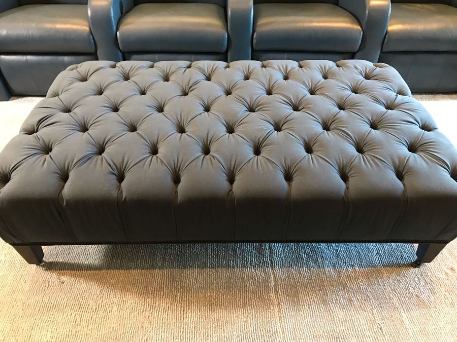Custom Blue Upholstered Tufted Ottoman With Brass Nailhead Trim From Le Dimora 63W X 36D X 17H (Retails $3,500) [Photo 4]