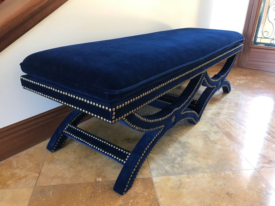 Blue Velvet Bench With Brass Nailhead Trim From Frontgate 61W X 20D X 19H (Retails $700) [Photo 5]