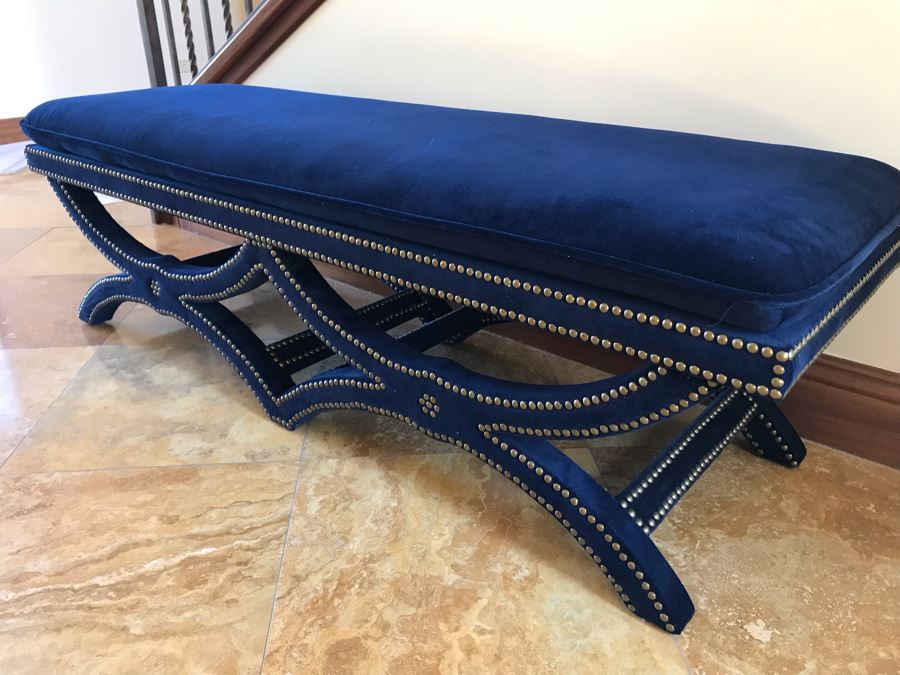 Blue Velvet Bench With Brass Nailhead Trim From Frontgate 61W X 20D X 19H (Retails $700) [Photo 6]