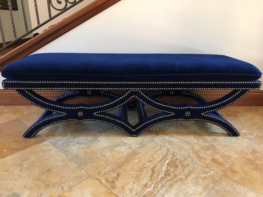 Blue Velvet Bench With Brass Nailhead Trim From Frontgate 61W X 20D X 19H (Retails $700) [Photo 1]