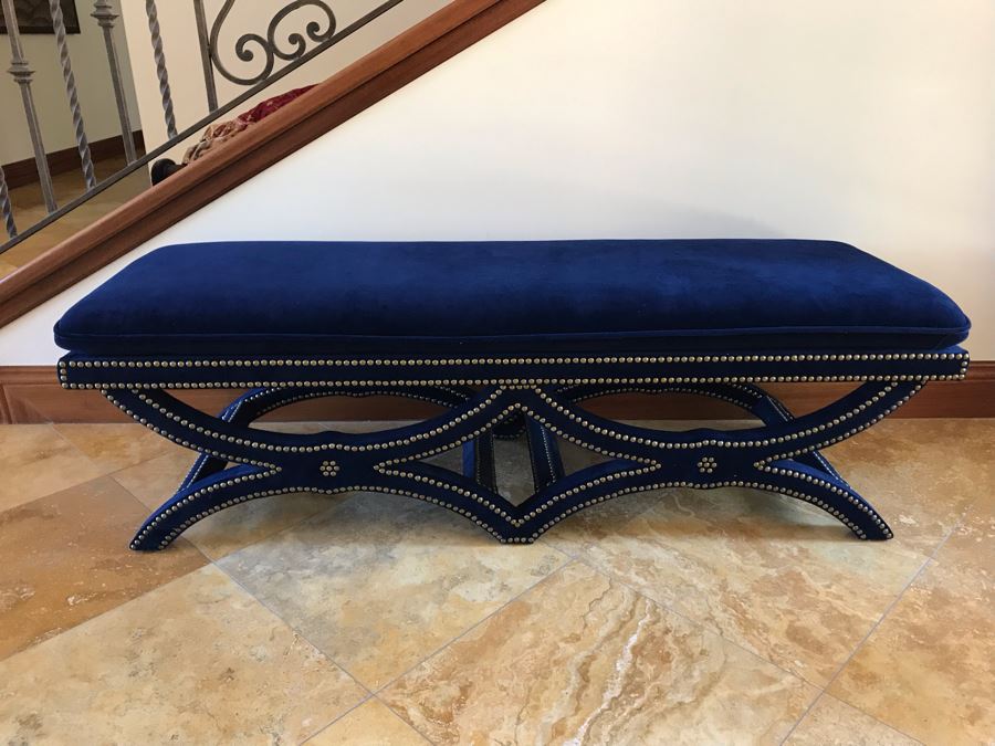 blue velvet dining room bench