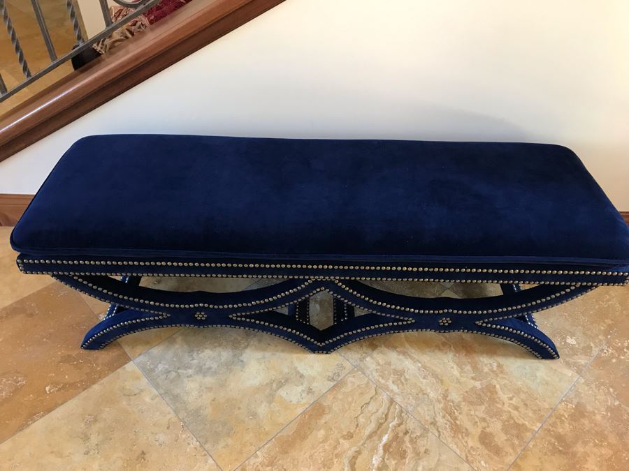 Blue Velvet Bench With Brass Nailhead Trim From Frontgate 61W X 20D X 19H (Retails $700) [Photo 8]