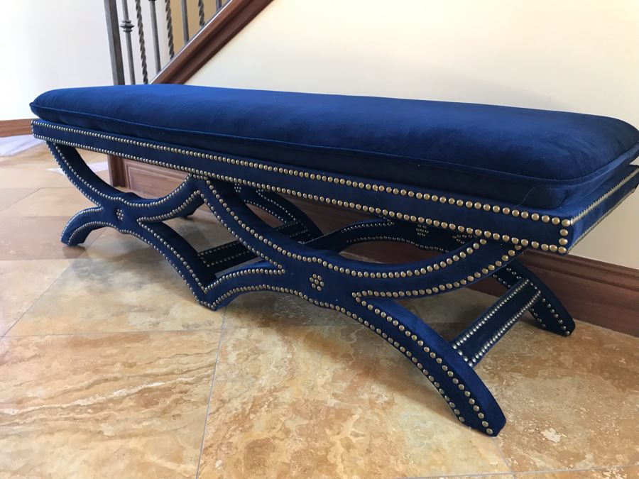 Blue Velvet Bench With Brass Nailhead Trim From Frontgate 61W X 20D X 19H (Retails $700) [Photo 7]