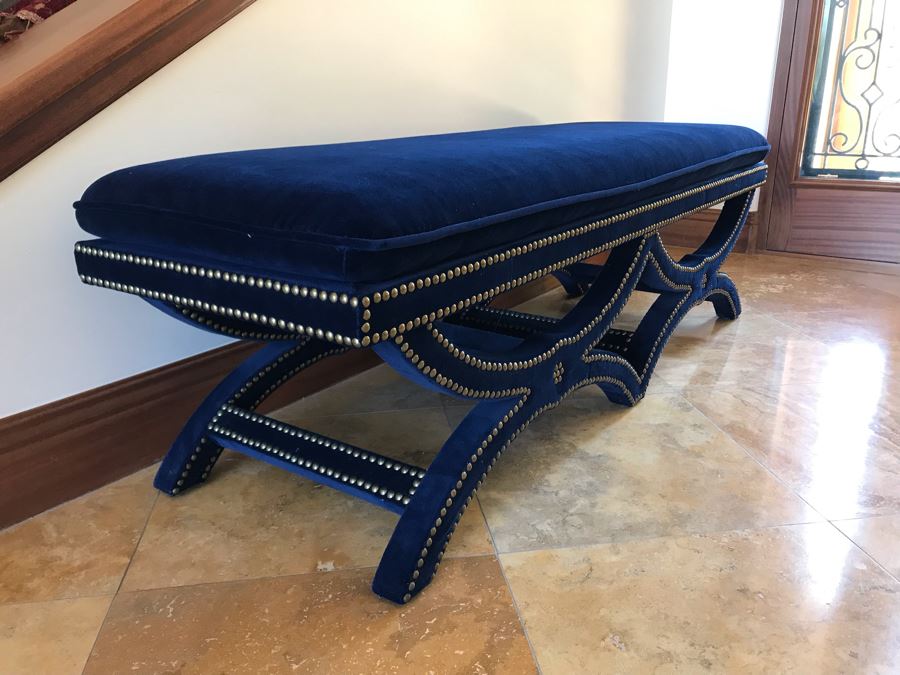 Blue Velvet Bench With Brass Nailhead Trim From Frontgate 61W X 20D X 19H (Retails $700) [Photo 4]
