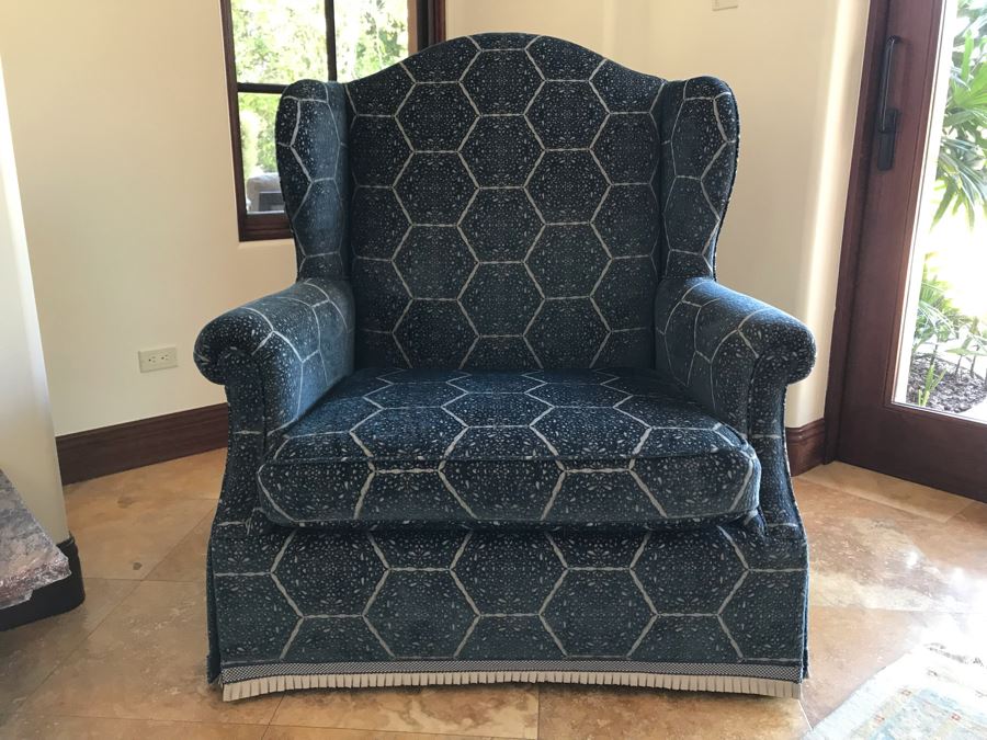 Oversized Custom Wingback Upholstered Armchair With Waterfall Skirt And Trim Fabric Harsey / Anatoyla 45W X 34D X 49H (Retails $3,700) [Photo 4]