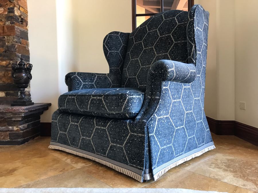 Oversized Custom Wingback Upholstered Armchair With Waterfall Skirt And Trim Fabric Harsey / Anatoyla 45W X 34D X 49H (Retails $3,700) [Photo 9]