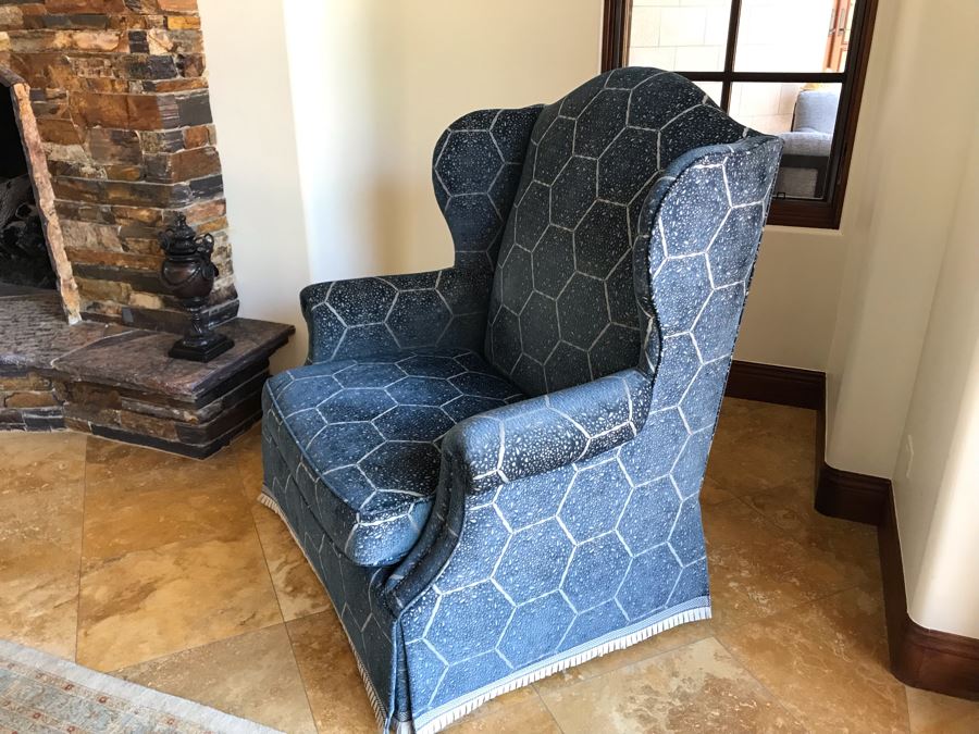Oversized Custom Wingback Upholstered Armchair With Waterfall Skirt And Trim Fabric Harsey / Anatoyla 45W X 34D X 49H (Retails $3,700) [Photo 6]
