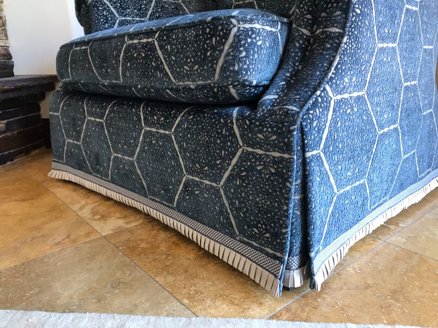 Oversized Custom Wingback Upholstered Armchair With Waterfall Skirt And Trim Fabric Harsey / Anatoyla 45W X 34D X 49H (Retails $3,700) [Photo 8]