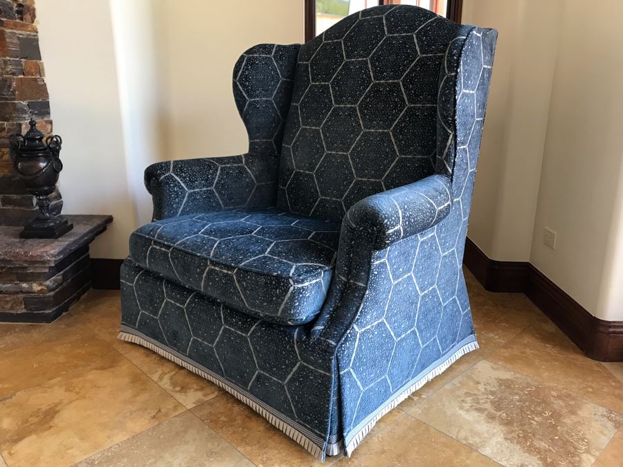 Oversized Custom Wingback Upholstered Armchair With Waterfall Skirt And Trim Fabric Harsey / Anatoyla 45W X 34D X 49H (Retails $3,700) [Photo 5]