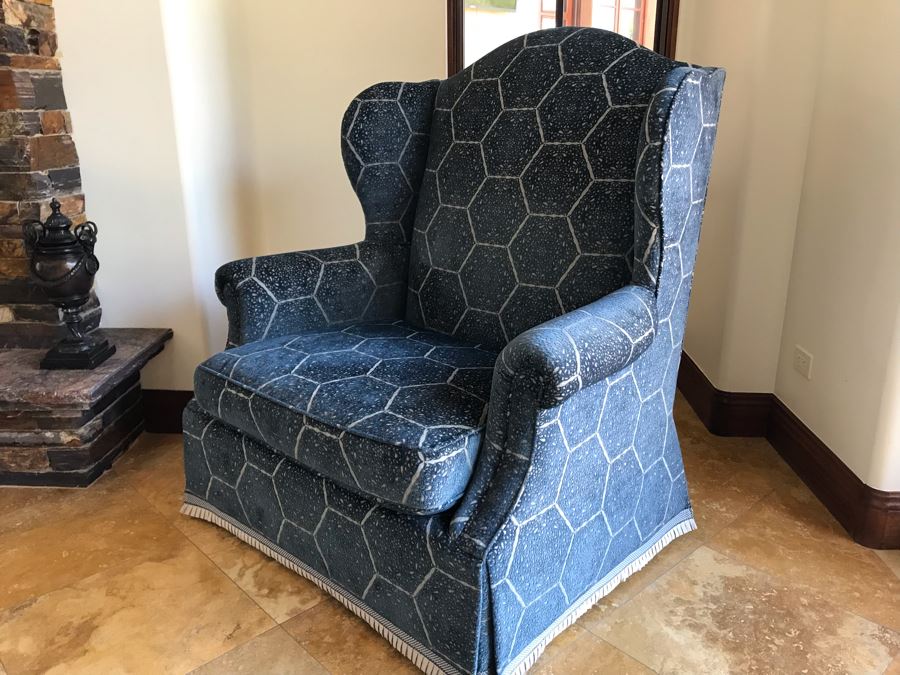 Oversized Custom Wingback Upholstered Armchair With Waterfall Skirt And Trim Fabric Harsey / Anatoyla 45W X 34D X 49H (Retails $3,700) [Photo 2]