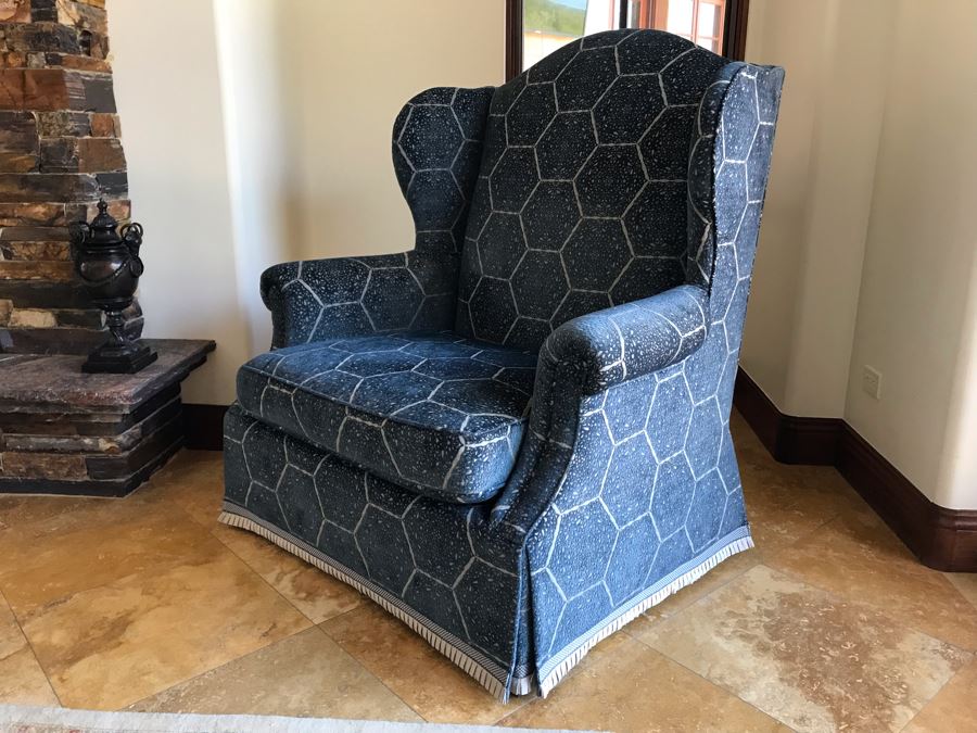 Oversized Custom Wingback Upholstered Armchair With Waterfall Skirt And Trim Fabric Harsey / Anatoyla 45W X 34D X 49H (Retails $3,700) [Photo 3]