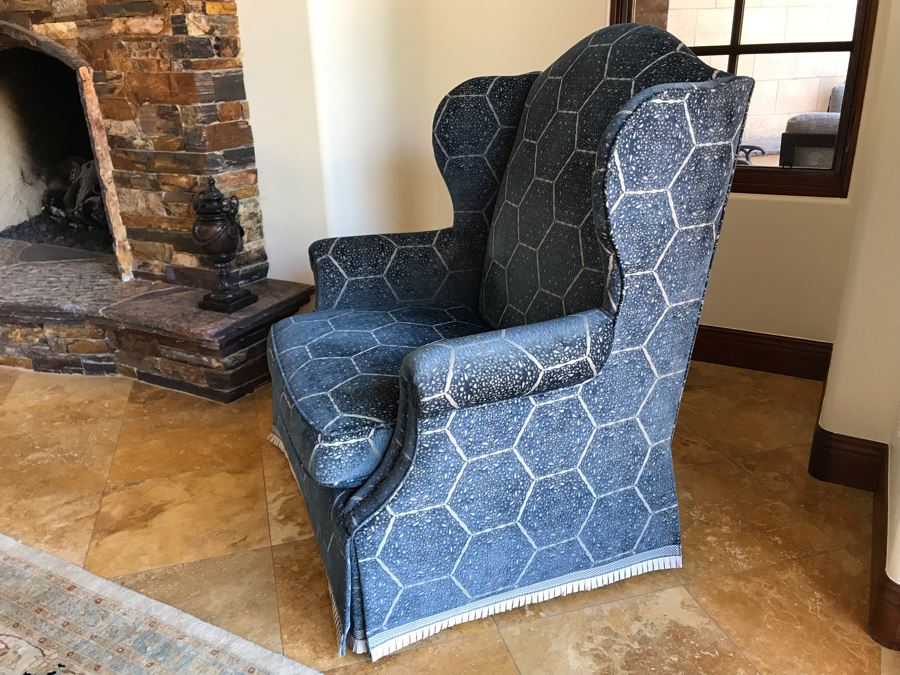 Oversized Custom Wingback Upholstered Armchair With Waterfall Skirt And Trim Fabric Harsey / Anatoyla 45W X 34D X 49H (Retails $3,700) [Photo 7]