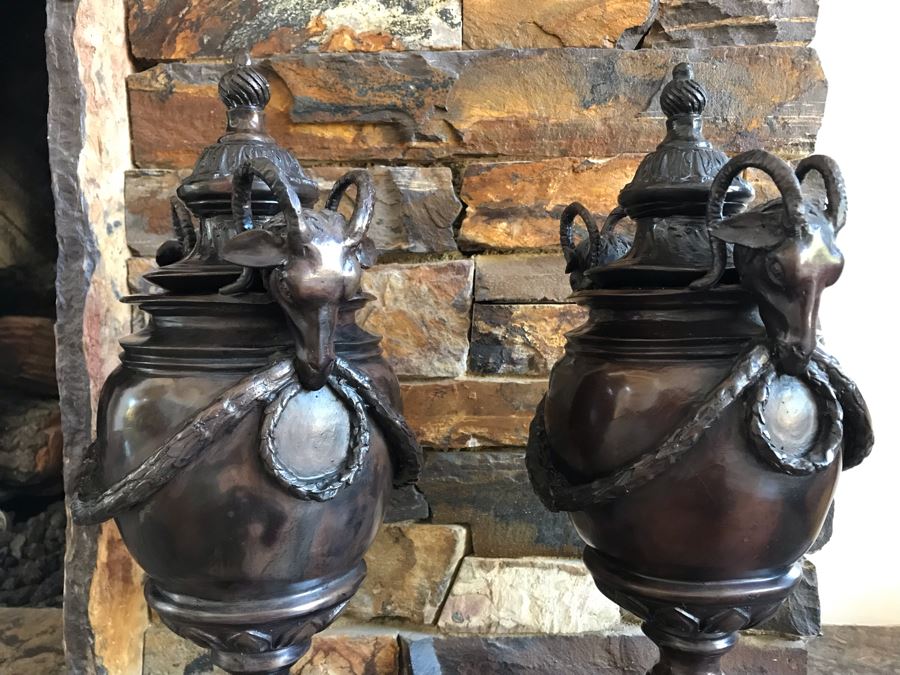 Pair Of Bronze Footed Rams Head Urns From Maitland-Smith 7.5W X 18H (Retails $930 For Pair) [Photo 10]