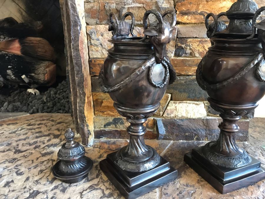 Pair Of Bronze Footed Rams Head Urns From Maitland-Smith 7.5W X 18H (Retails $930 For Pair) [Photo 14]