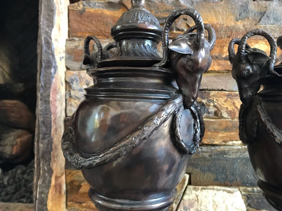 Pair Of Bronze Footed Rams Head Urns From Maitland-Smith 7.5W X 18H (Retails $930 For Pair) [Photo 9]