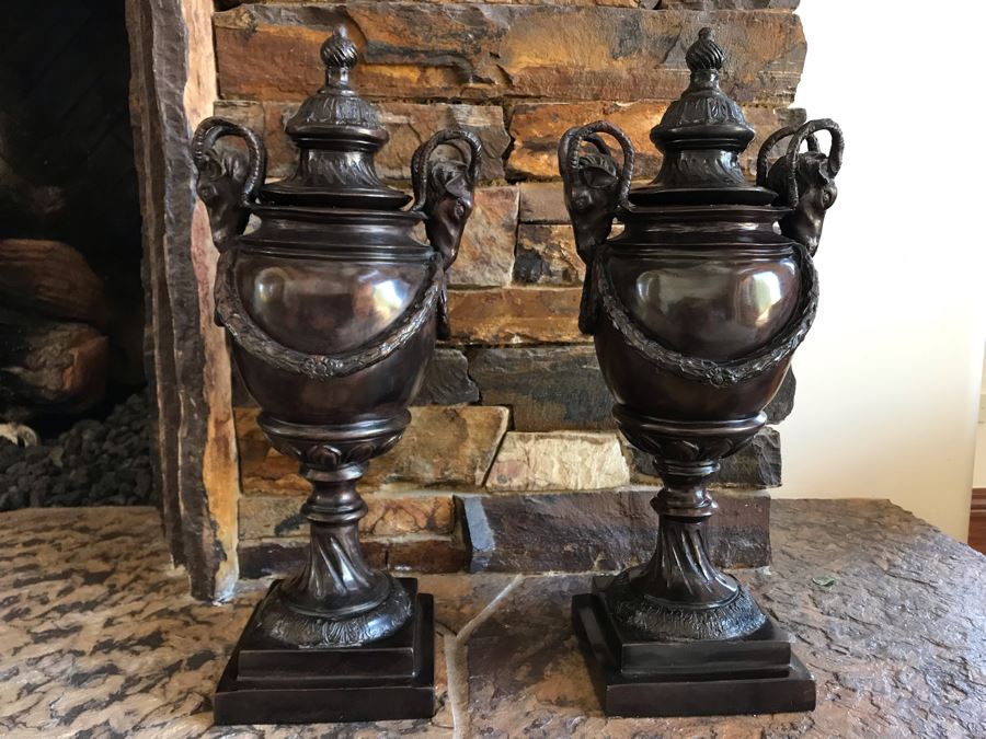 Pair Of Bronze Footed Rams Head Urns From Maitland-Smith 7.5W X 18H (Retails $930 For Pair) [Photo 2]