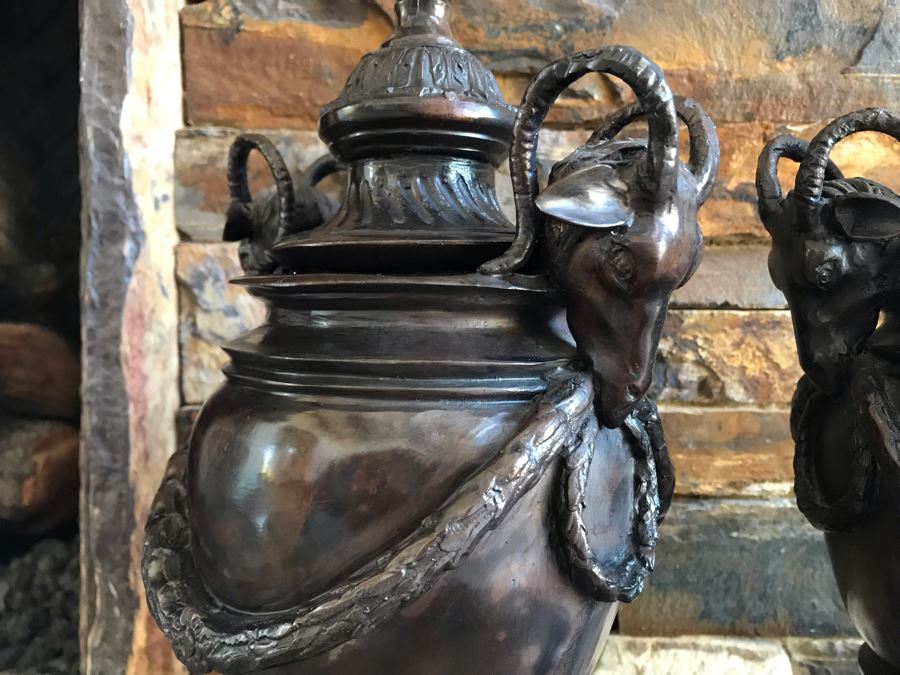 Pair Of Bronze Footed Rams Head Urns From Maitland-Smith 7.5W X 18H (Retails $930 For Pair) [Photo 8]